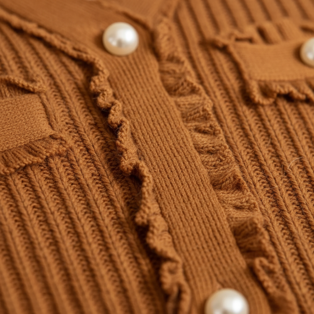 Brown Knit Midi Dress with Buttons and Fringes