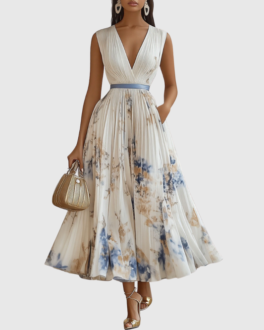 Women's Pleated Satin Maxi Dress | Elegant V-Neck Long Sleeve Gown 1