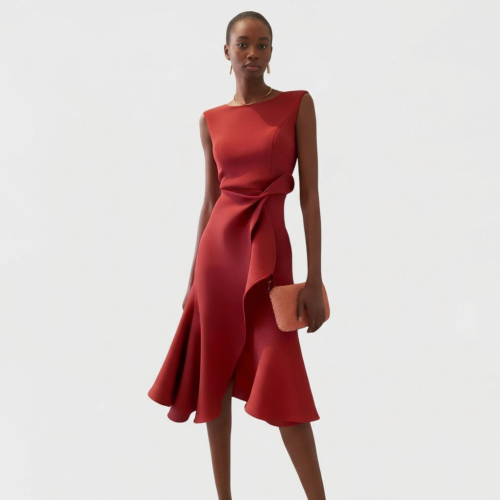 Women's Asymmetrical Ruffled Satin Draped Dress – Elegant