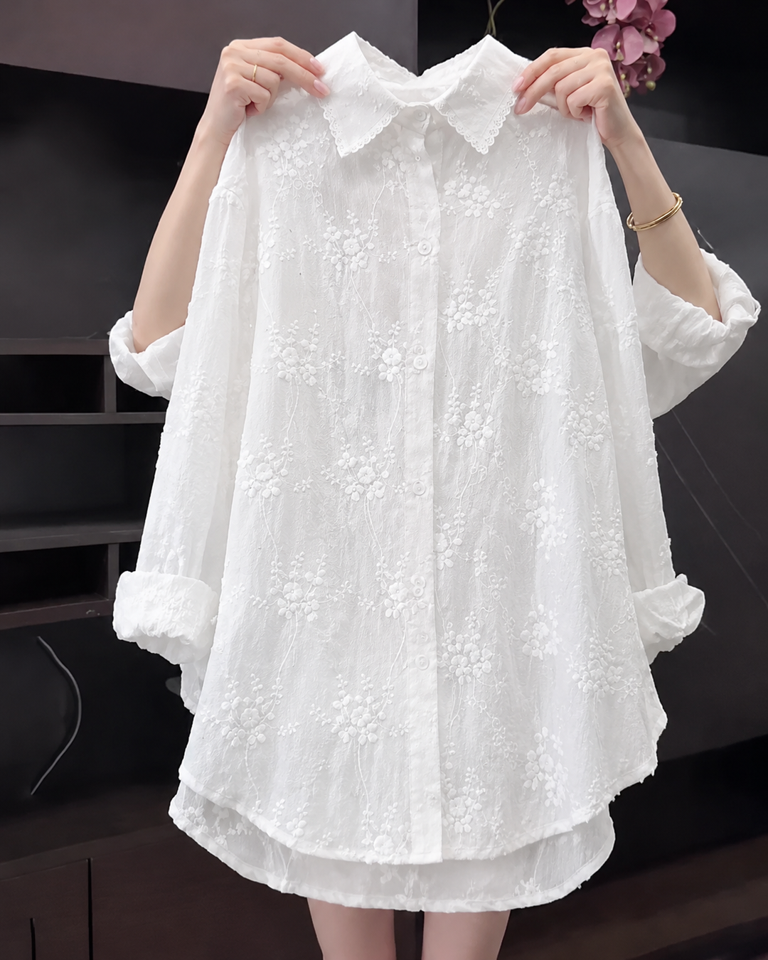 Floral Solid Color Shirt with Dropped Shoulders