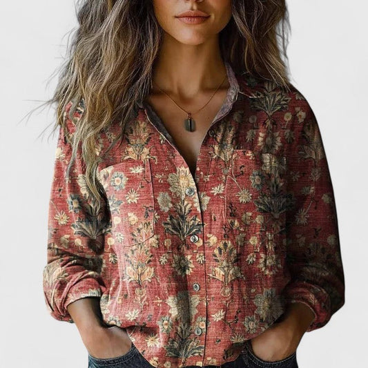 Women's Vintage Floral Print Long Sleeve Button-Down Shirt