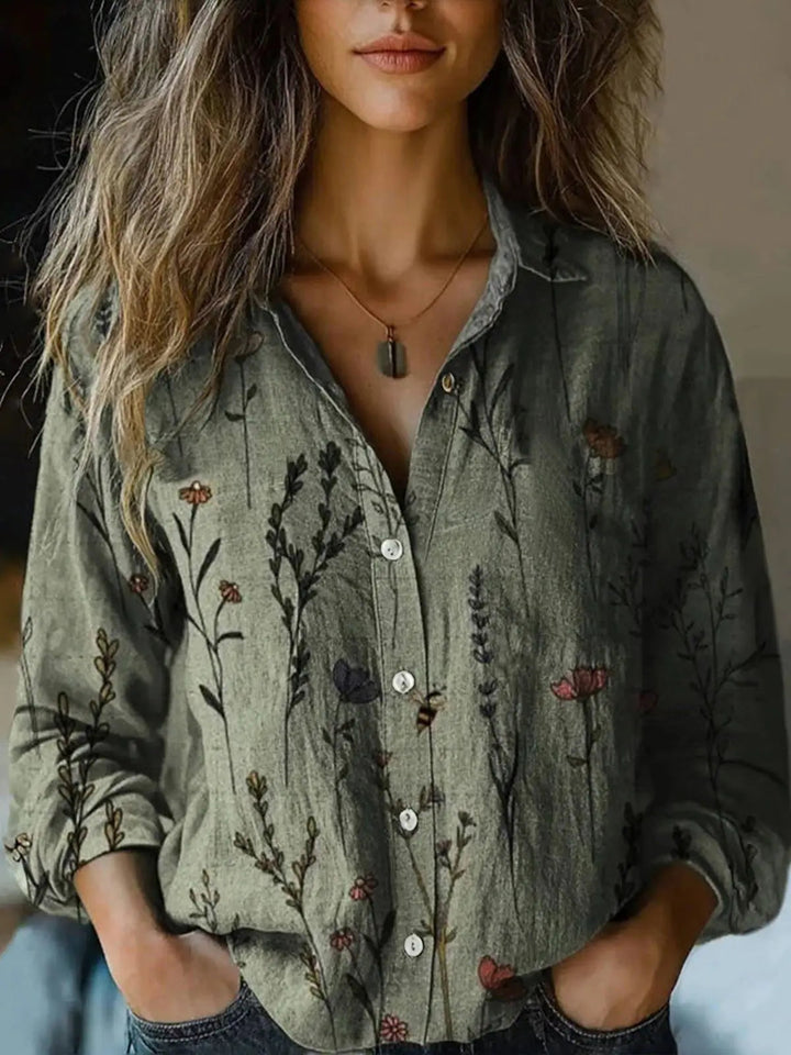 Camicia vintage da donna con stampa floreale, maniche lunghe e bottoni frontali