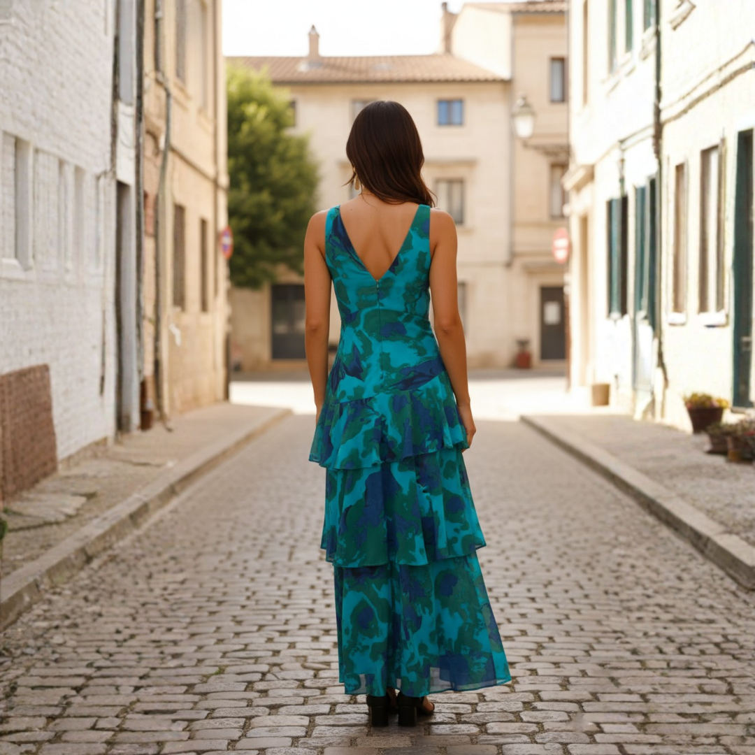 Multicolored Long Dress for Women with Ruffles and V-Neck