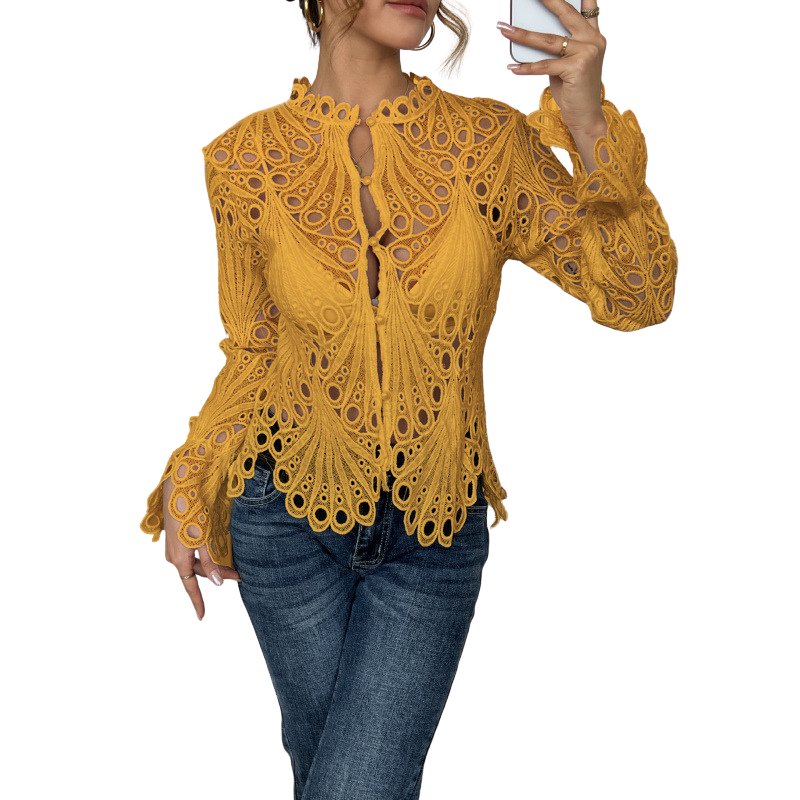 Blusa da donna in pizzo traforato, maniche lunghe e top traforato