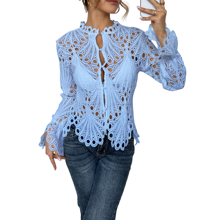 Blusa da donna in pizzo traforato, maniche lunghe e top traforato