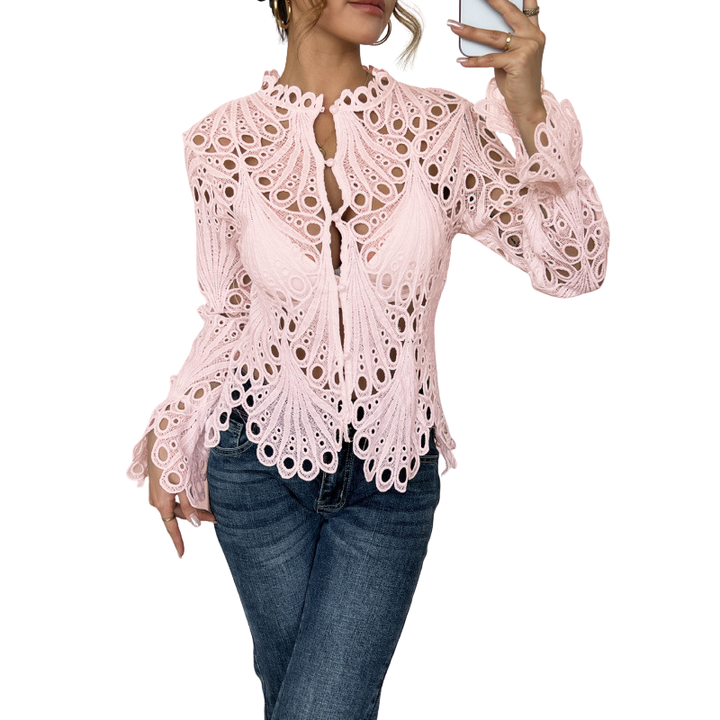 Blusa da donna in pizzo traforato, maniche lunghe e top traforato