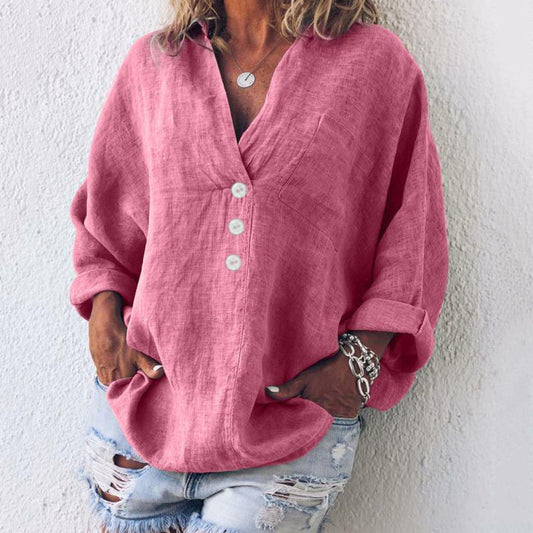 Women's V-Neck Oversized Top Long Sleeve Button