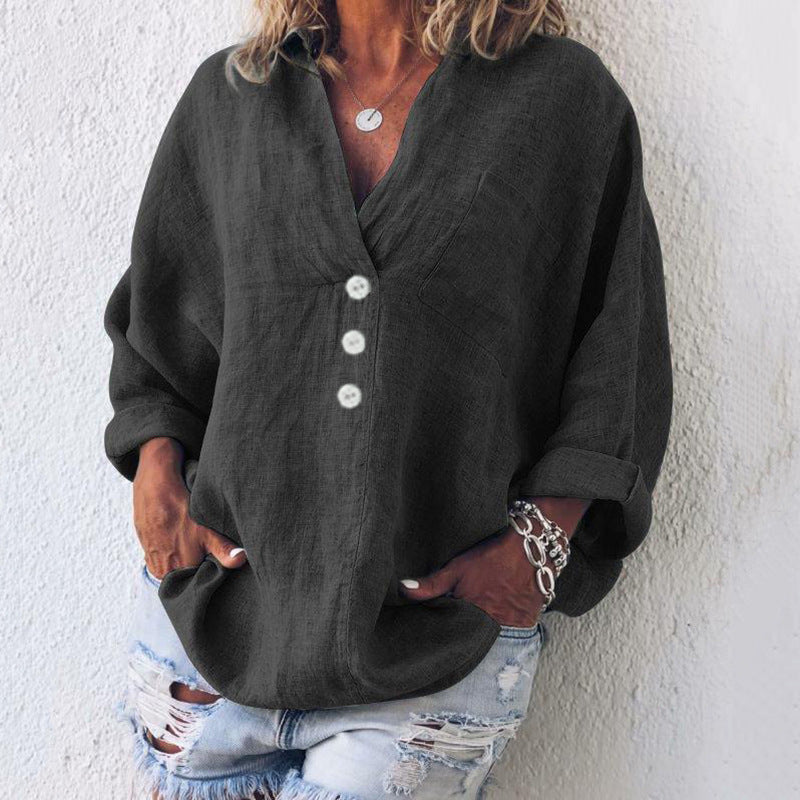 Women's V-Neck Oversized Top Long Sleeve Button