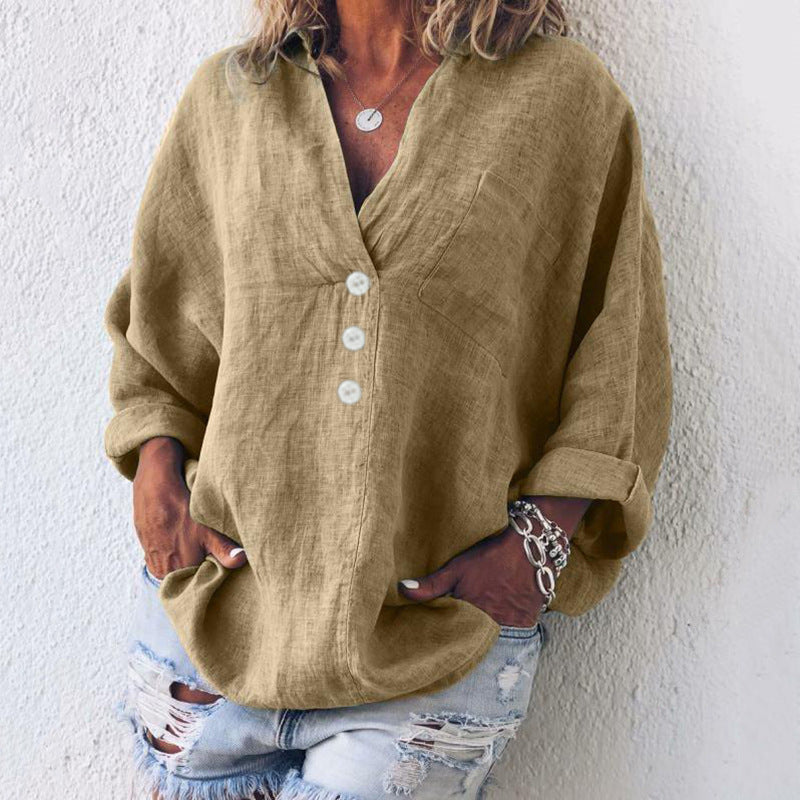 Women's V-Neck Oversized Top Long Sleeve Button