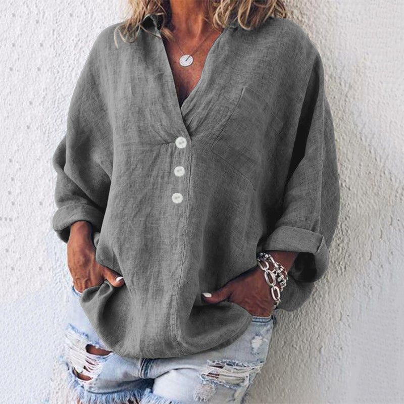 Women's V-Neck Oversized Top Long Sleeve Button