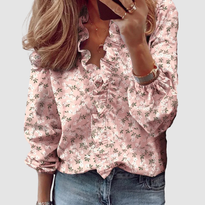 Blusa da donna a maniche lunghe con volant e stampa floreale