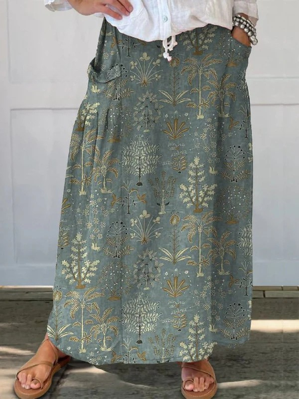 Carly™ | Woodland Vegetation Pattern Printed Elastic waistband Pocket Skirt 0