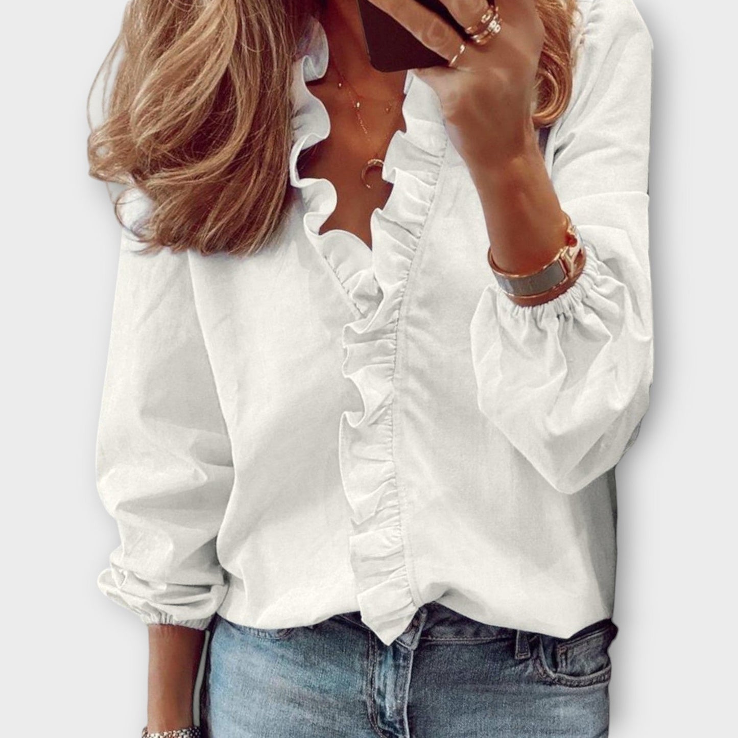 Women's Ruffle Front V-Neck Long Sleeve Blouse