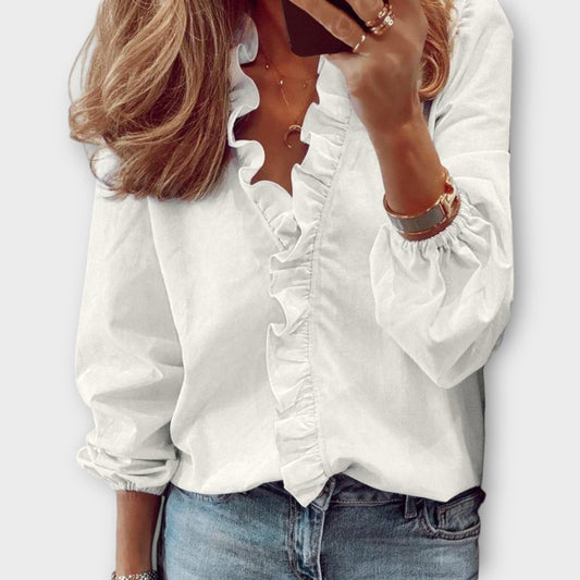 Women's Ruffle Front V-Neck Long Sleeve Blouse