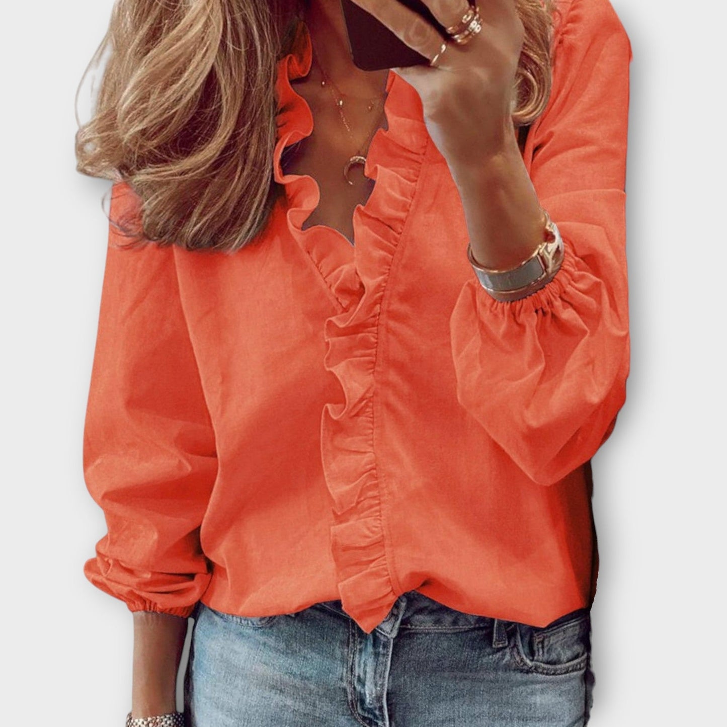 Women's Ruffle Front V-Neck Long Sleeve Blouse