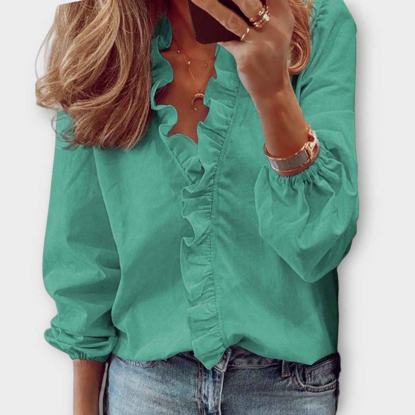 Women's Ruffle Front V-Neck Long Sleeve Blouse