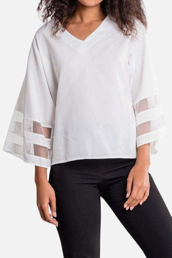 Women's V-Neck Bell Sleeve Blouse with Mesh Panel Detail