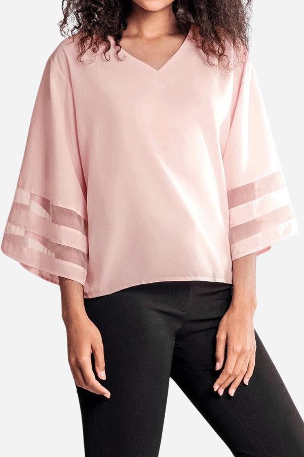 Women's V-Neck Bell Sleeve Blouse with Mesh Panel Detail
