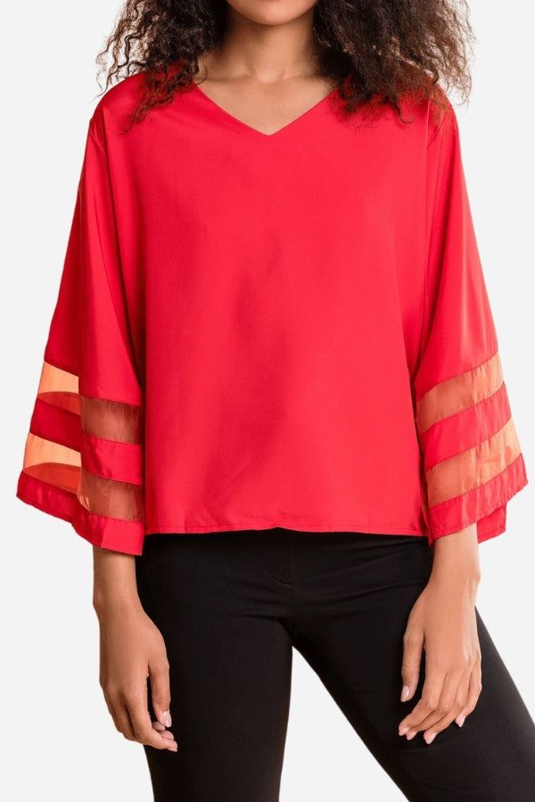 Women's V-Neck Bell Sleeve Blouse with Mesh Panel Detail