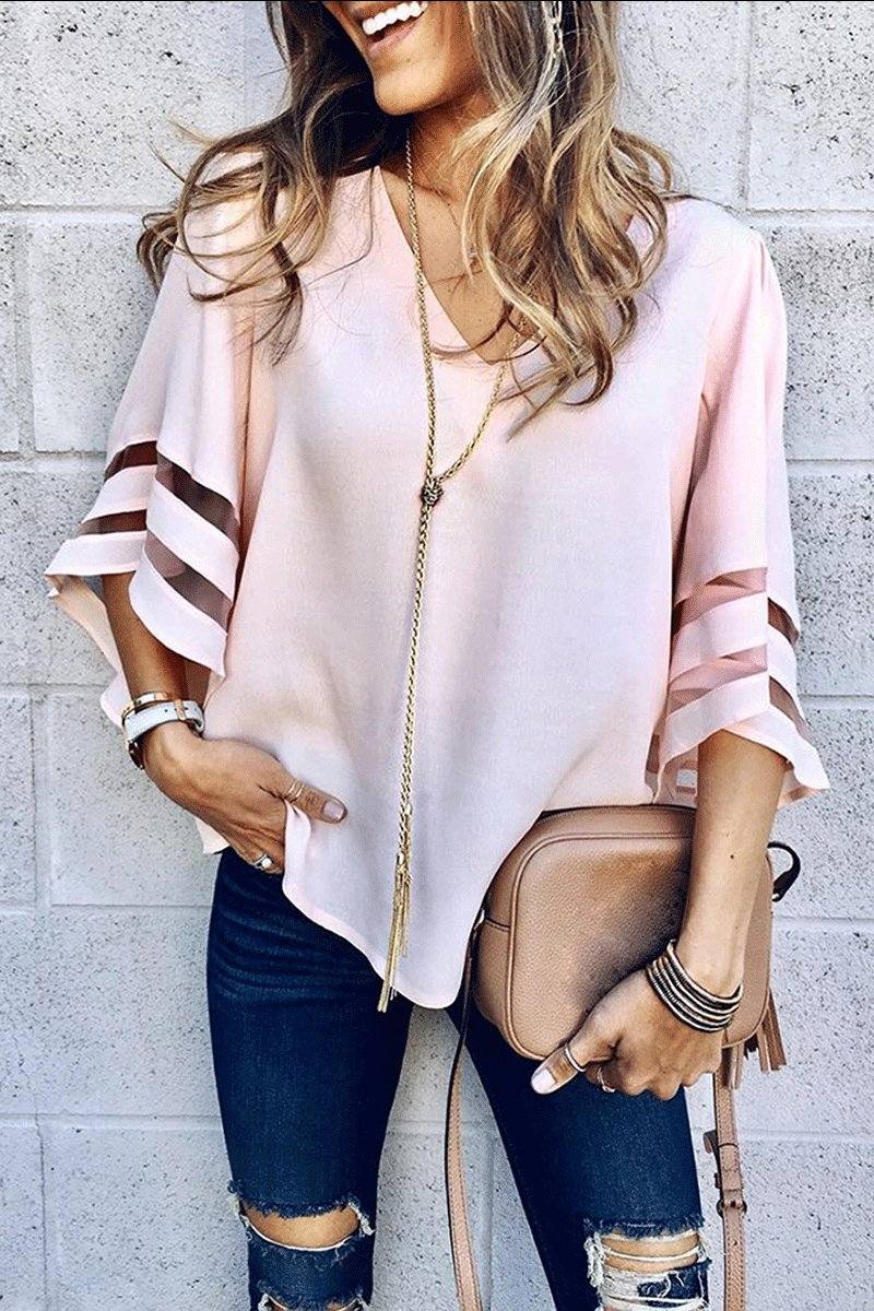 Women's V-Neck Bell Sleeve Blouse with Mesh Panel Detail