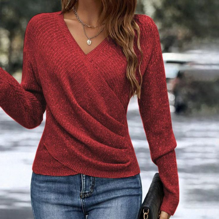 Maglione da donna con scollo a V, incrocio frontale e maniche lunghe