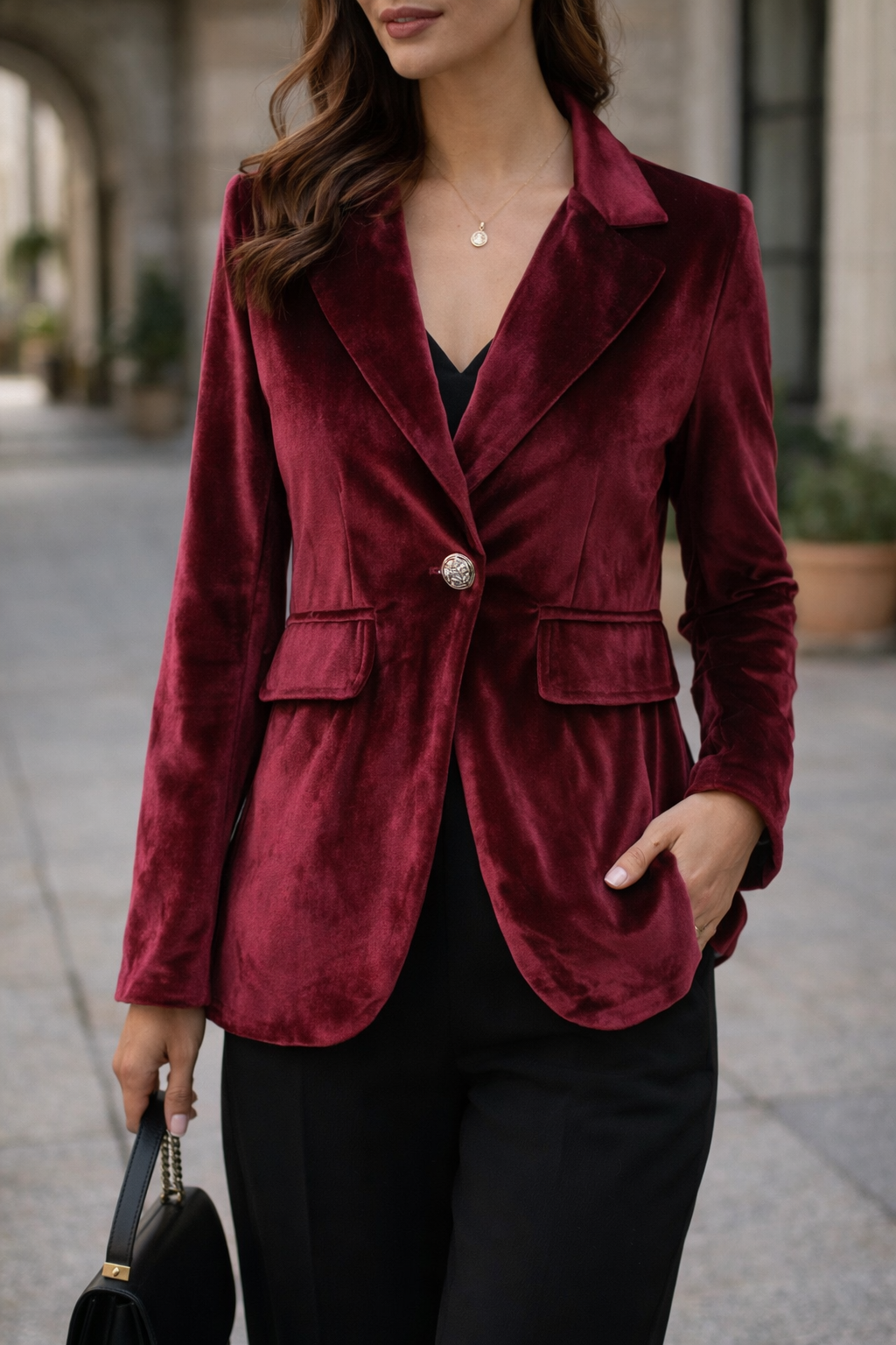 Slim Fit Velvet Blazer for Women with Buttons – Elegant