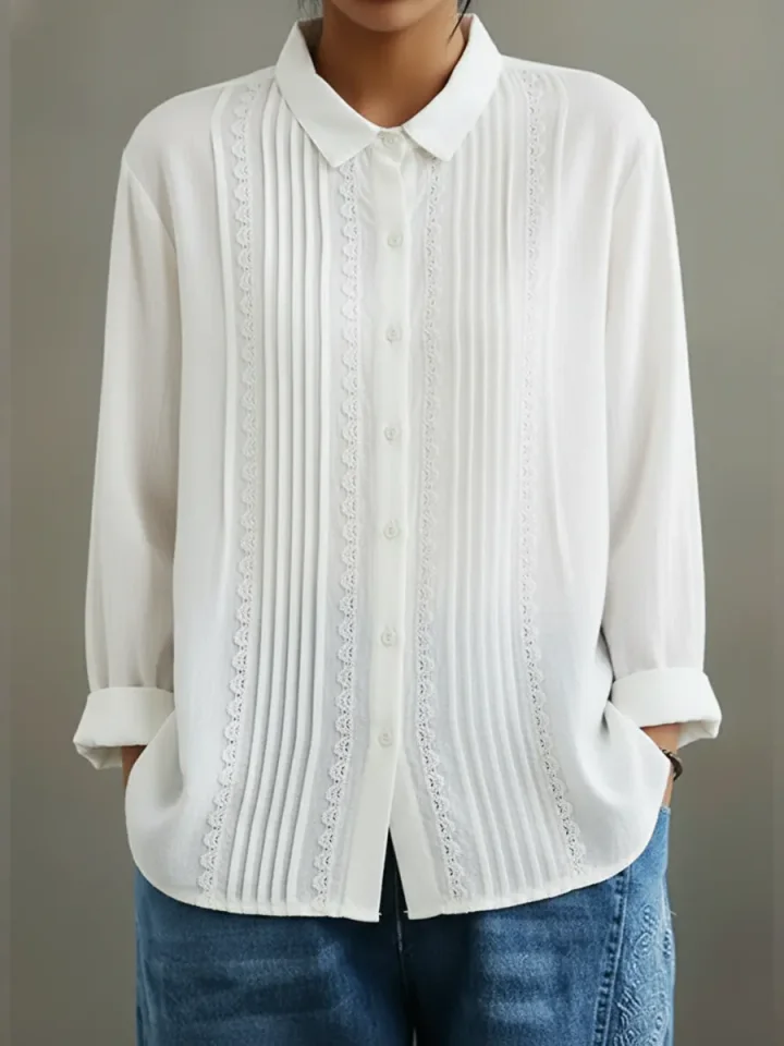 Blusa da donna con bordi in pizzo e bottoni, maniche lunghe