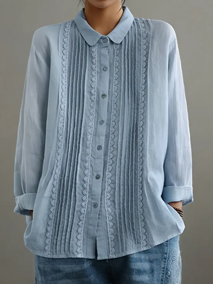 Blusa da donna con bordi in pizzo e bottoni, maniche lunghe