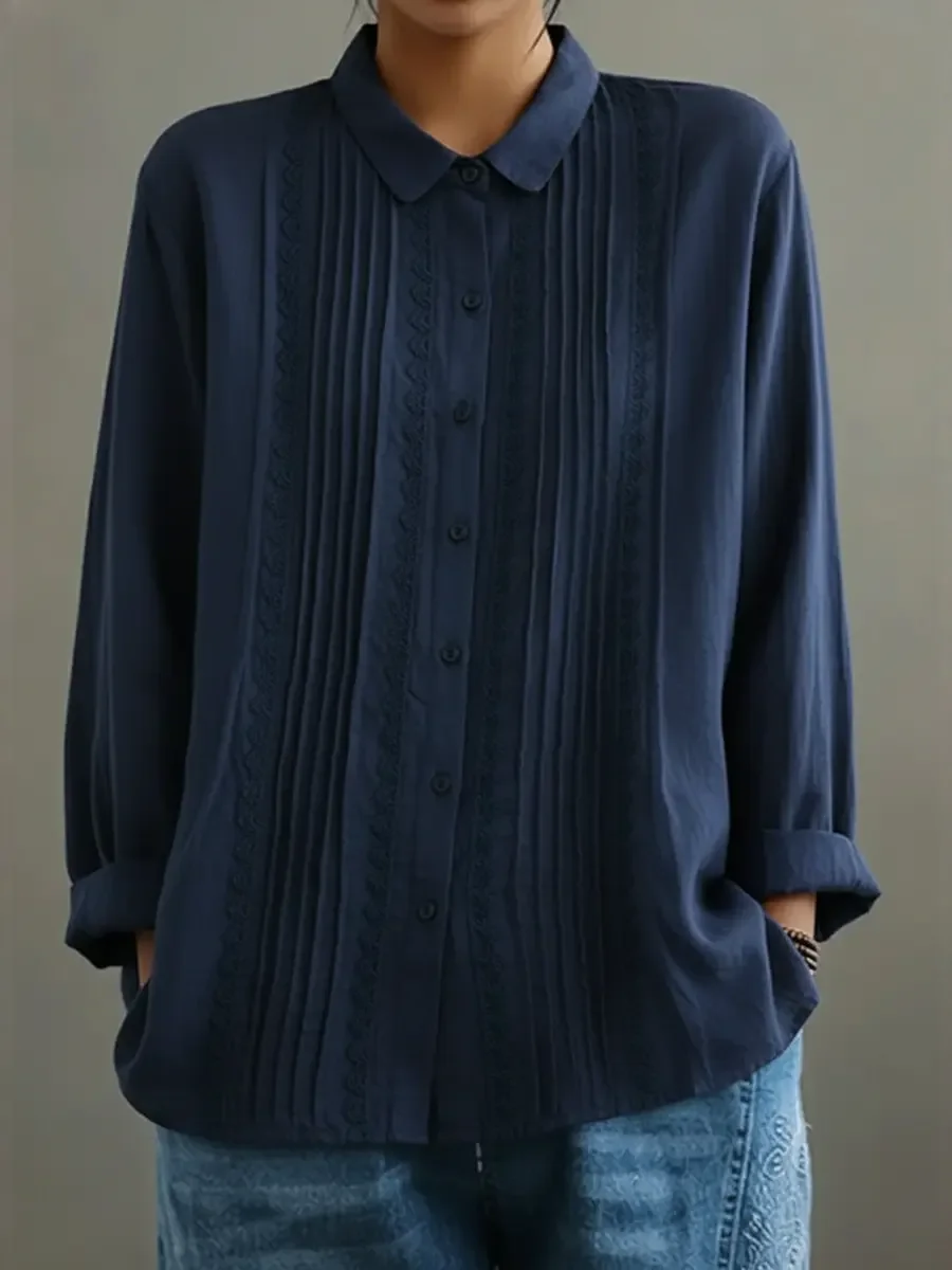 Claire | Women's Lace Trim Button-Up Long Sleeve Blouse
