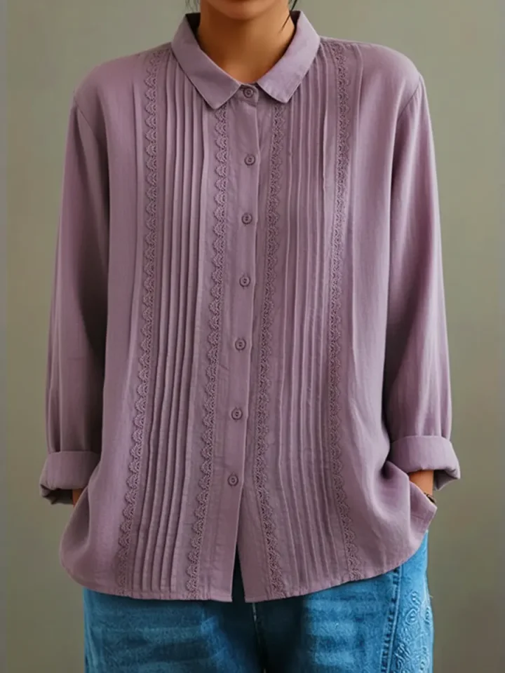 Blusa da donna con bordi in pizzo e bottoni, maniche lunghe