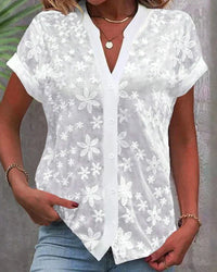 Blusa da donna con pizzo floreale, maniche corte e bottoni