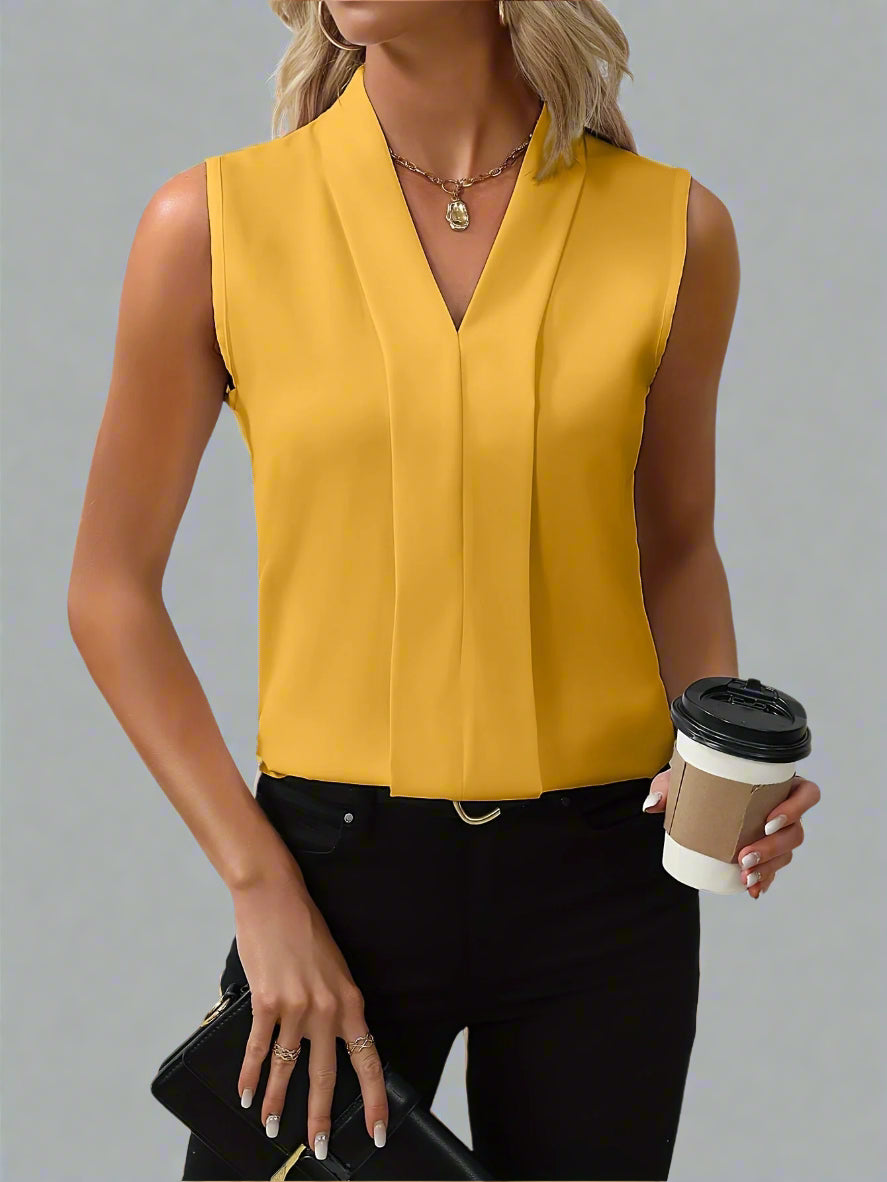 Blusa da donna senza maniche con scollo a V e pieghe frontali