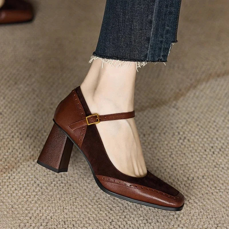 Constance | Women's Square Toe Block Heel Pumps Ankle Strap Brogue 0