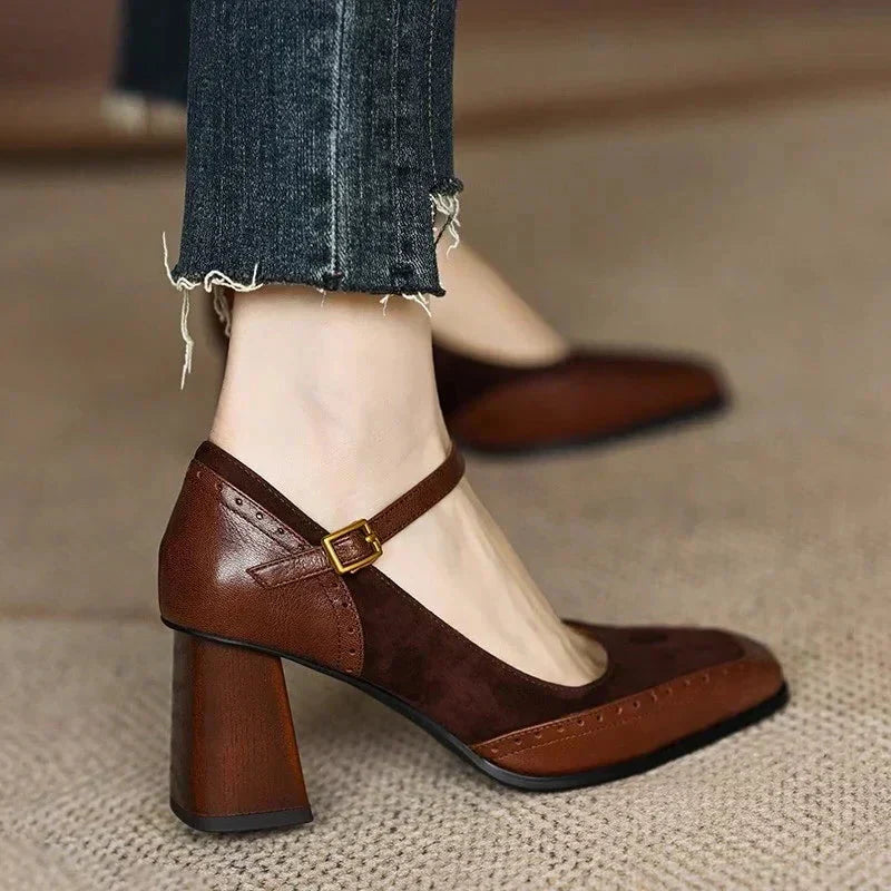 Constance | Women's Square Toe Block Heel Pumps Ankle Strap Brogue 1