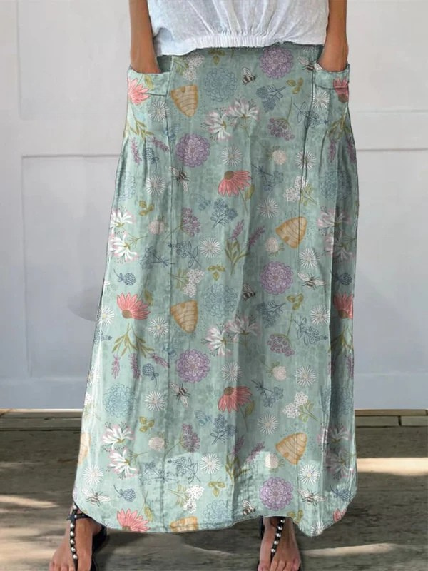 Daisy™ | Blooming Spring Floral And Bumble Bee Pattern Printed Pocket Skirt 0