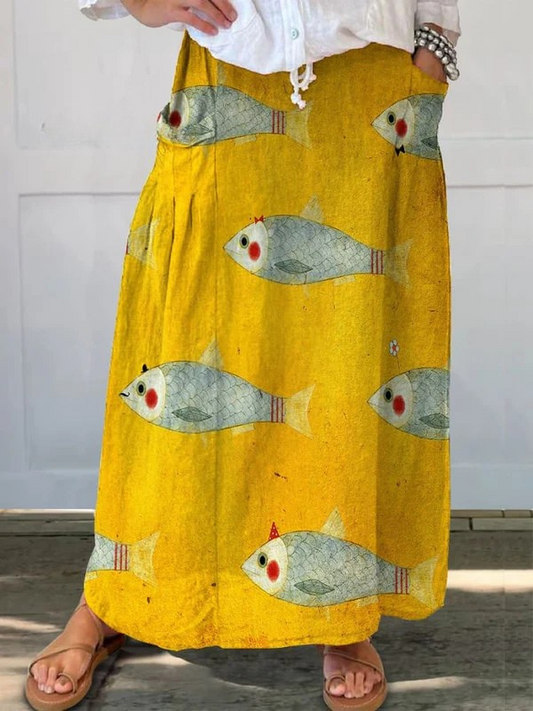 Women's Vintage Fish Print Maxi Skirt | Comfortable A-Line Casual Style 1