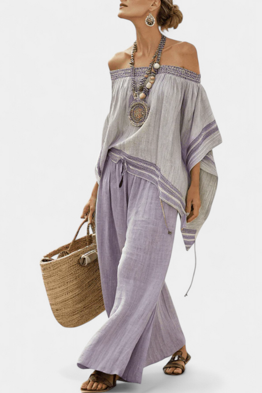 Emily | Chic Off-Shoulder Top And Striped Wide-Leg Pants For Women's Outfit 0