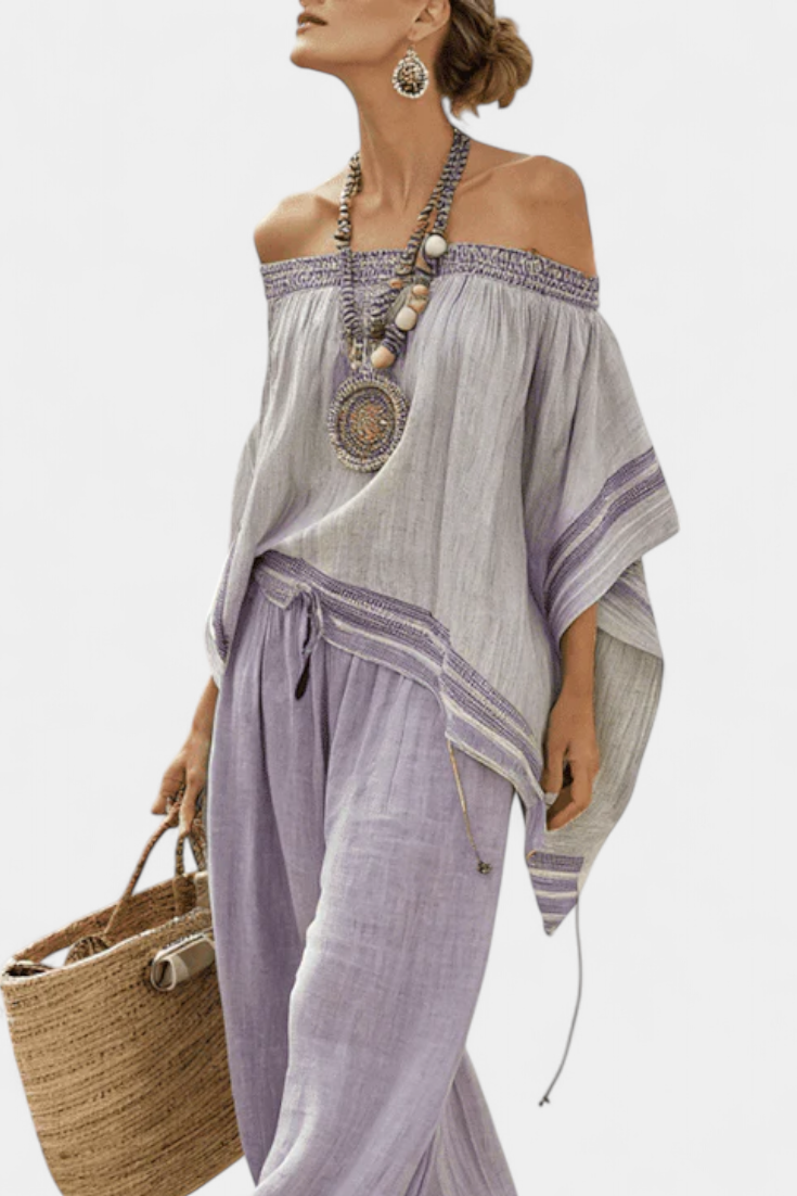 Emily | Chic Off-Shoulder Top And Striped Wide-Leg Pants For Women's Outfit 1