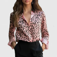 Women's Leopard Print Long Sleeve Collared Blouse