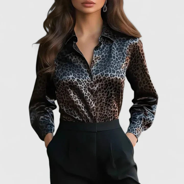Women's Leopard Print Long Sleeve Collared Blouse