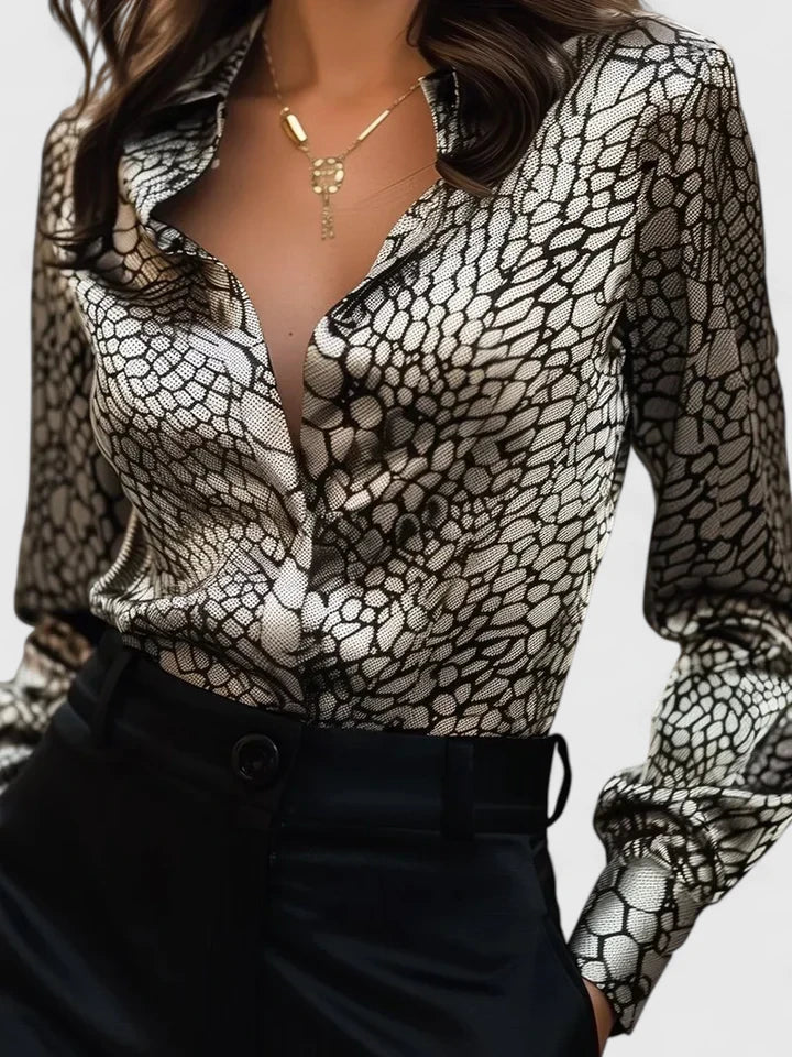 Women's Leopard Print Long Sleeve Collared Blouse