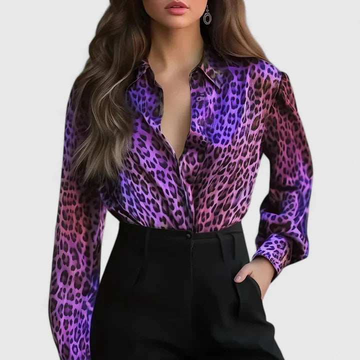 Women's Leopard Print Long Sleeve Collared Blouse