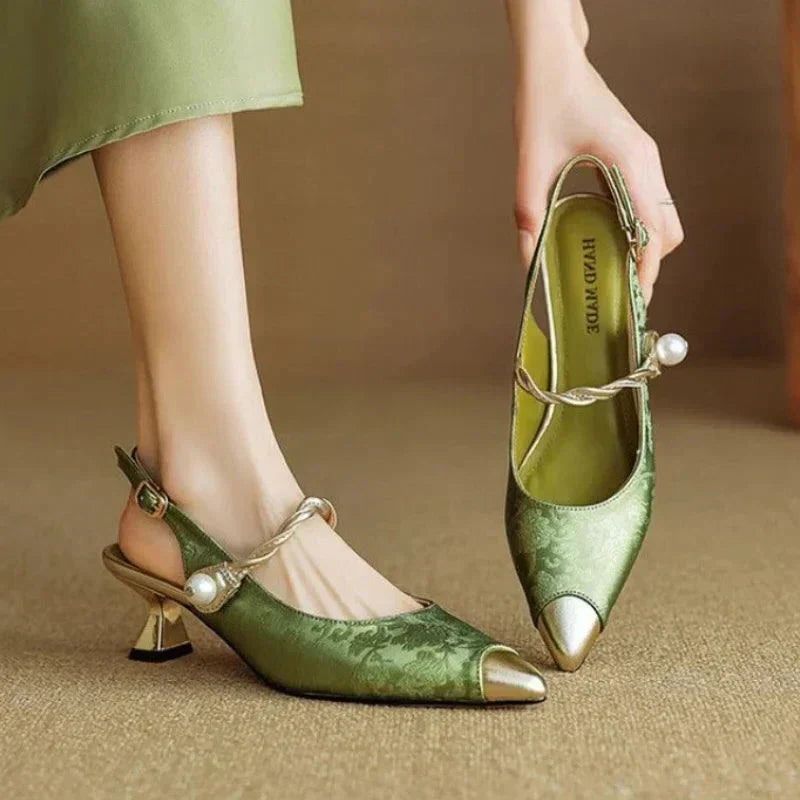 Fleur | Women's Pearl Strap Slingback Kitten Heels Pointed Toe Pumps 0