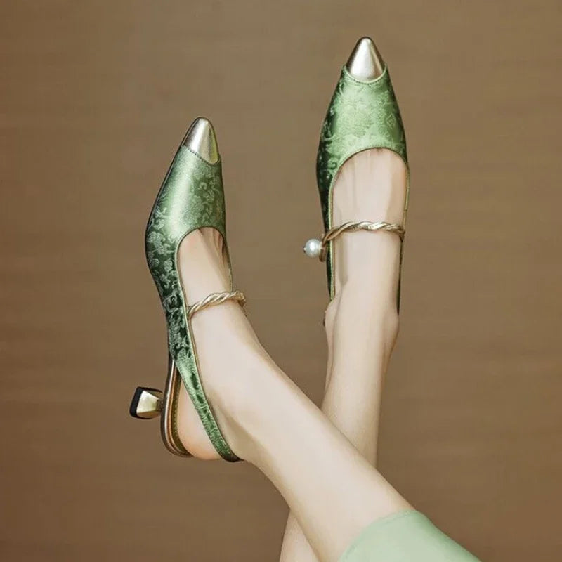 Fleur | Women's Pearl Strap Slingback Kitten Heels Pointed Toe Pumps 1
