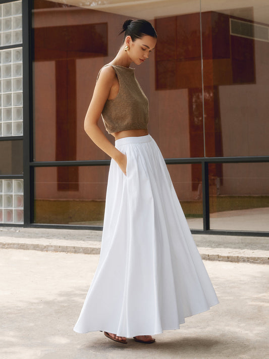 Women's Elegant Pleated A-Line Maxi Skirt | High-Waist Floor-Length with Pockets 1