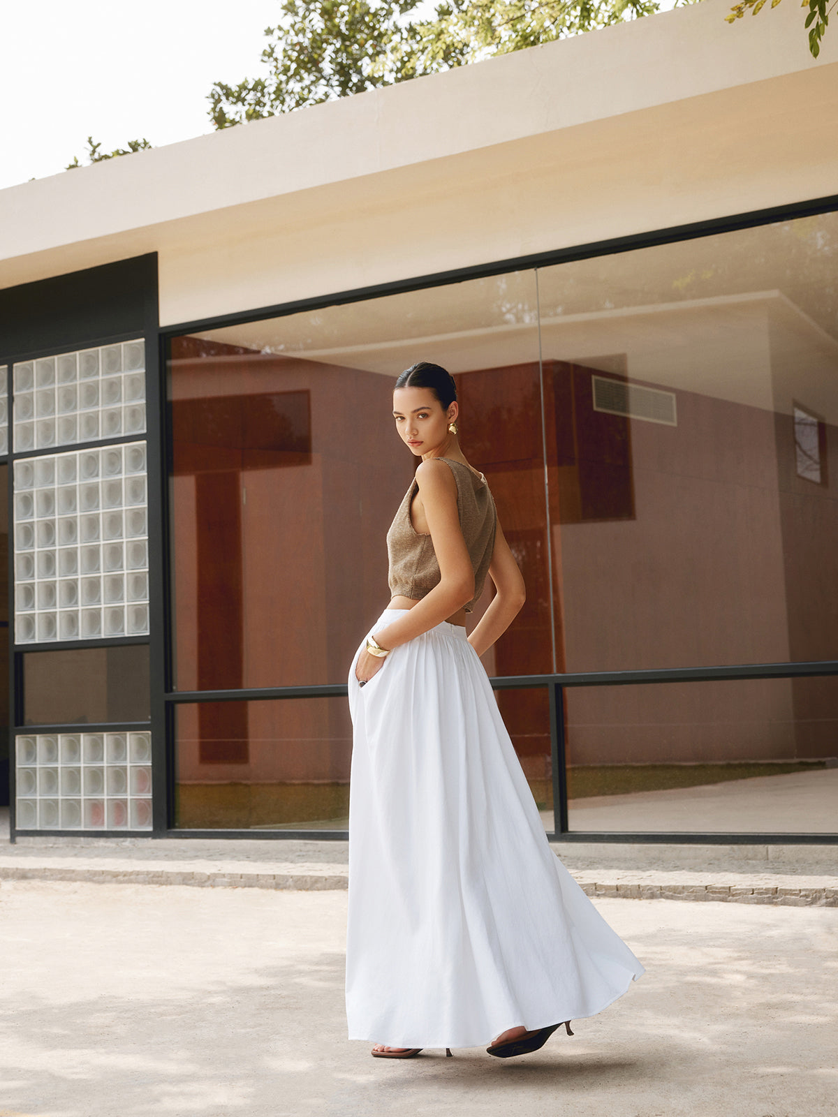 Florence | Women's High Waist Pleated A-Line Maxi Skirt with Pockets 2