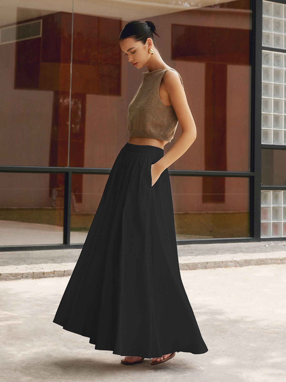Florence | Women's High Waist Pleated A-Line Maxi Skirt with Pockets 5