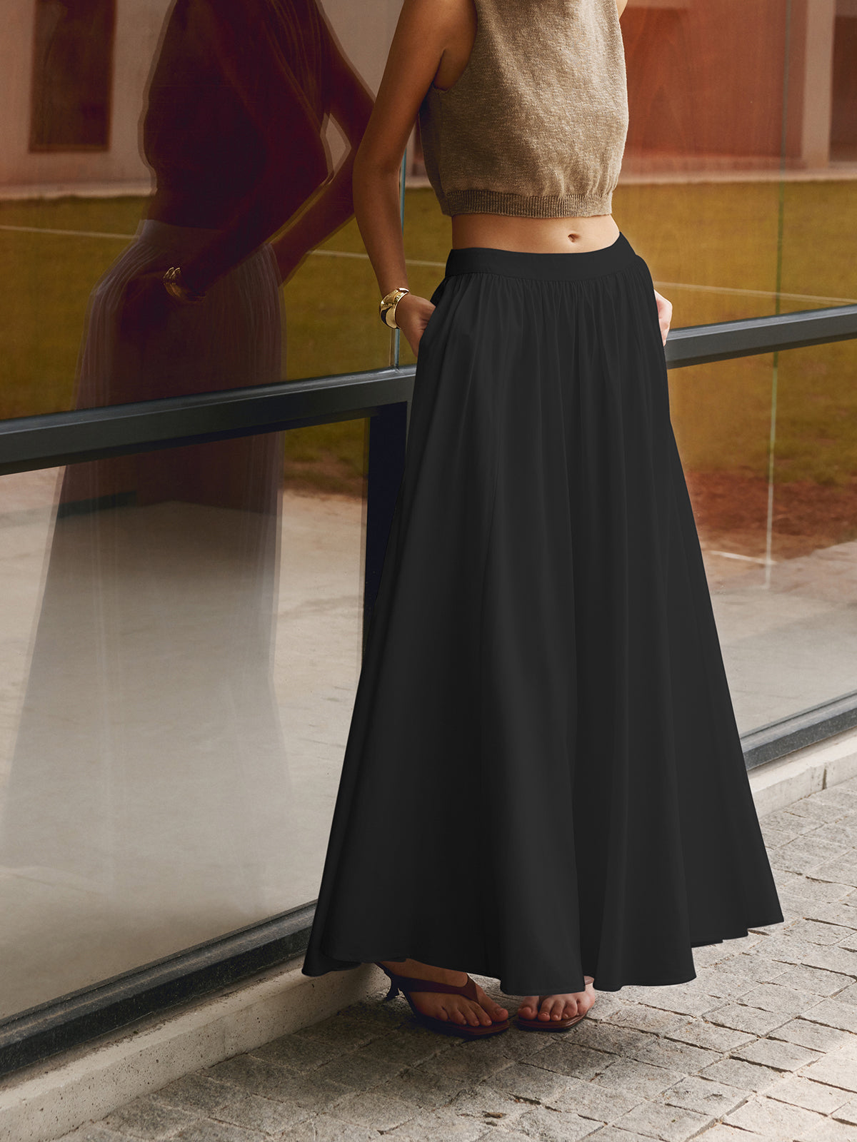 Florence | Women's High Waist Pleated A-Line Maxi Skirt with Pockets 6