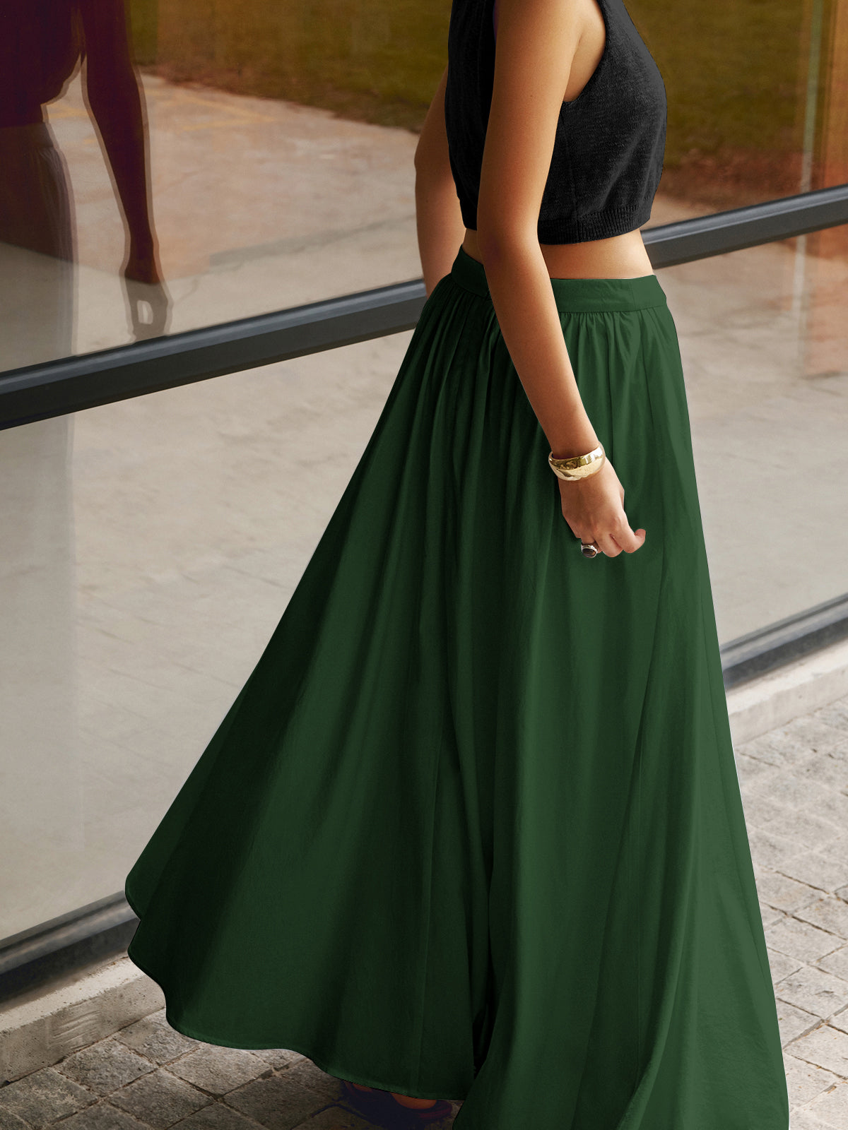 Florence | Women's High Waist Pleated A-Line Maxi Skirt with Pockets 7
