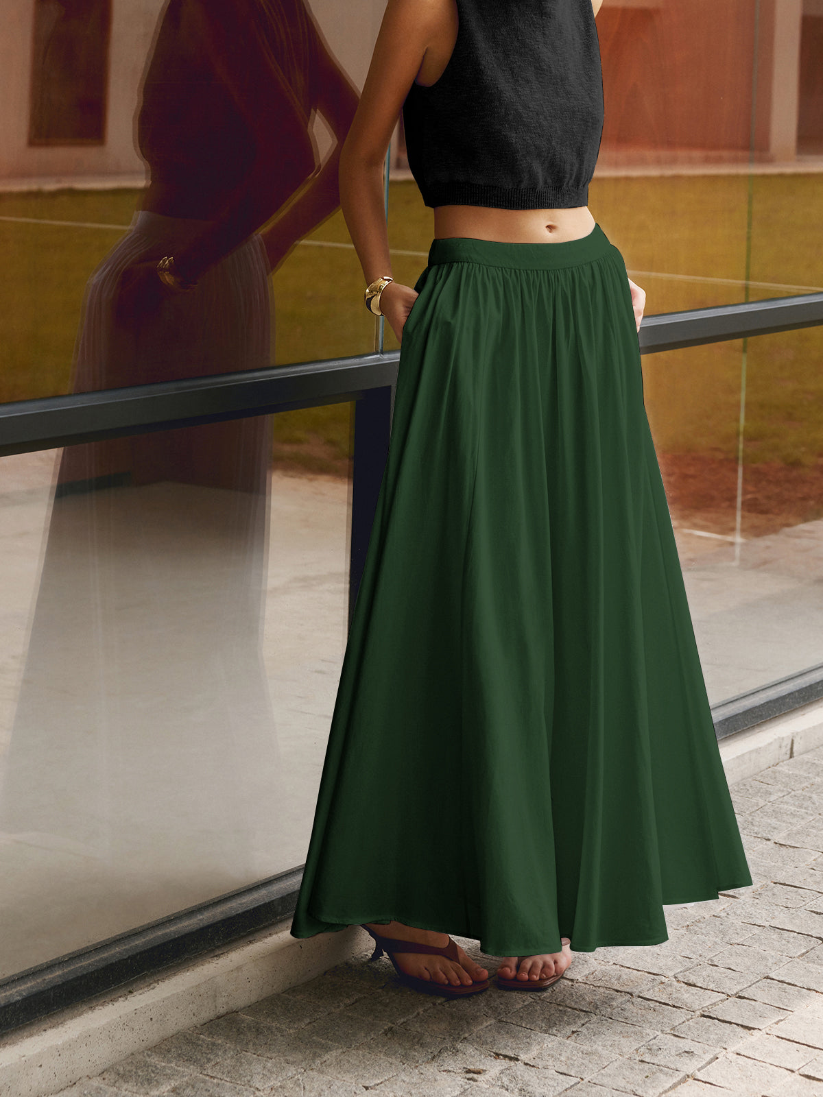 Florence | Women's High Waist Pleated A-Line Maxi Skirt with Pockets 8